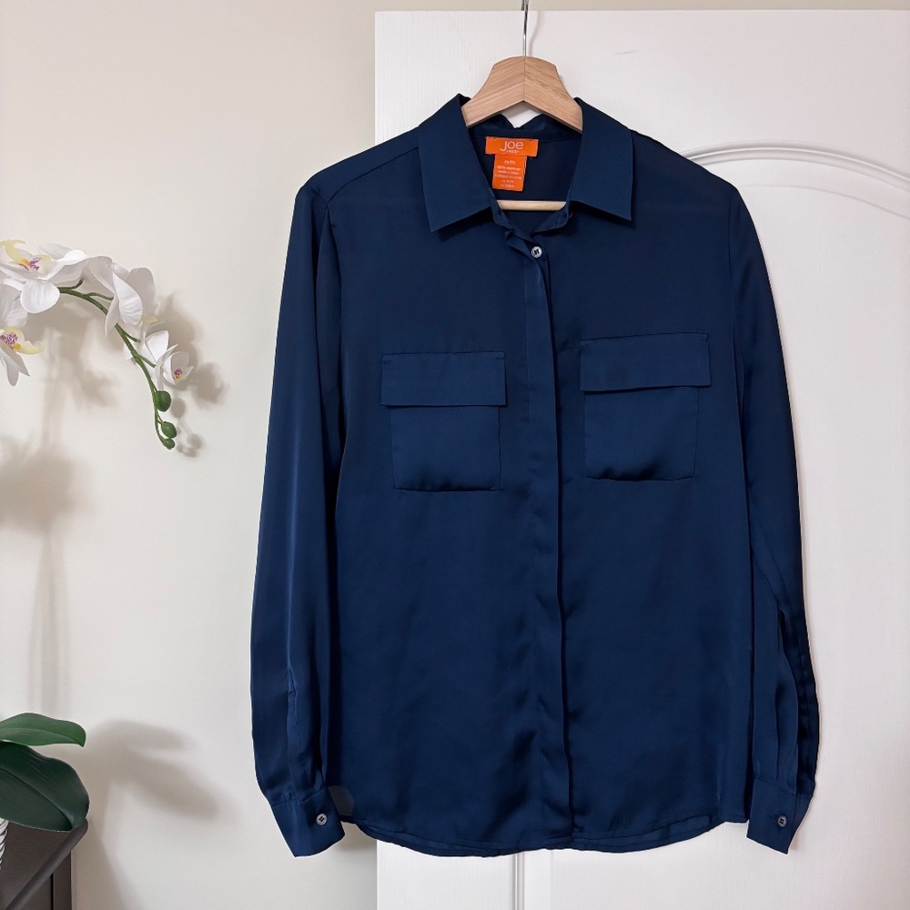 Joe Fresh Navy Blue Satin Button Down Blouse Women’s Size Medium